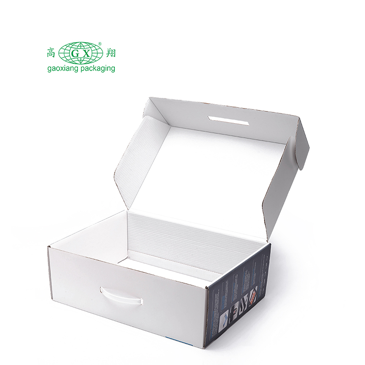 Custom electronic product recycled paper packaging white corrugated cardboard box with plastic handle