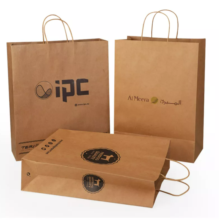 Wholesale customised logo recyclable brown shopping kraft paper bag with twistedflat handle