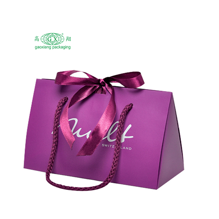 Custom full logo printed cardboard paper pouch bag with ribbon bowknot handle for gifts shopping boxes