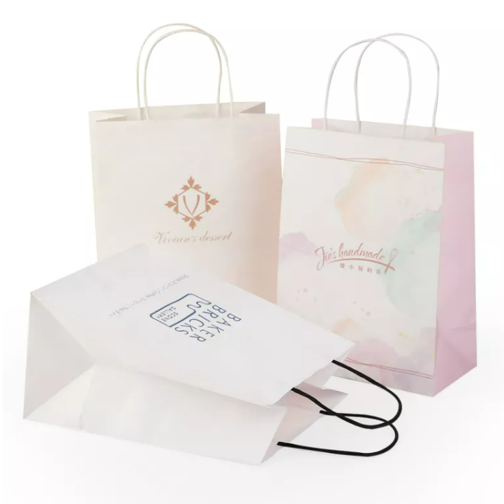 Wholesale customised logo recyclable brown shopping kraft paper bag with twistedflat handle